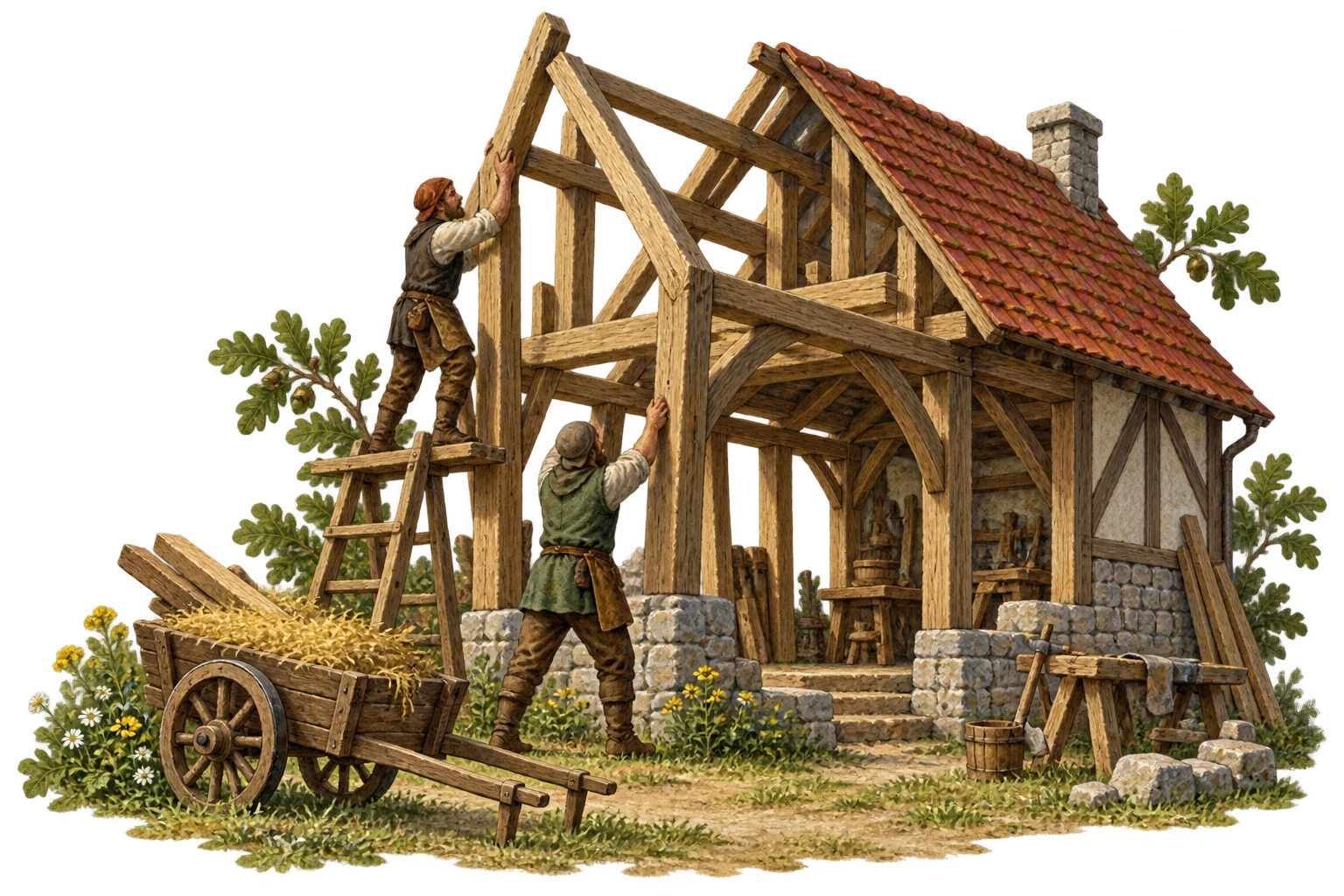 O scenă pictată de mână cu meșteri ridicând un atelier din lemn, cu acoperișuri roșii de țiglă, o roabă și un domeniu medieval în creștere