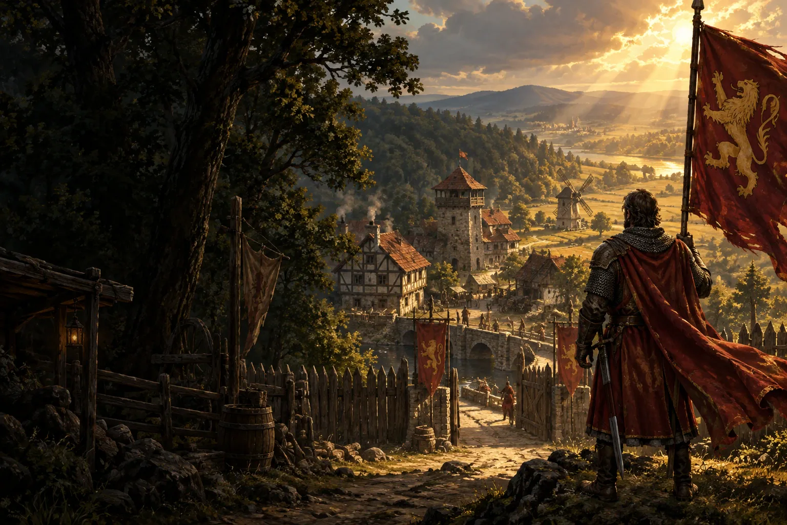 Un purtător de stindard purpuriu sosind la un domeniu medieval din lemn, în lumina aurie a serii