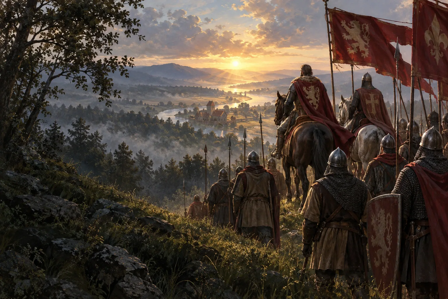 An illustrated warband gathering beneath crimson standards
